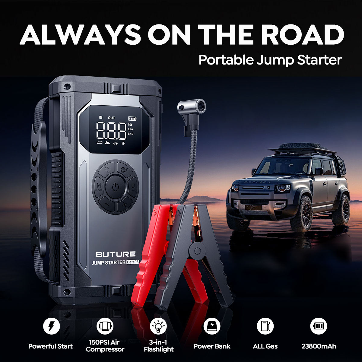 4-in-1 Car Jump Starter, Tire Inflator & Power Bank