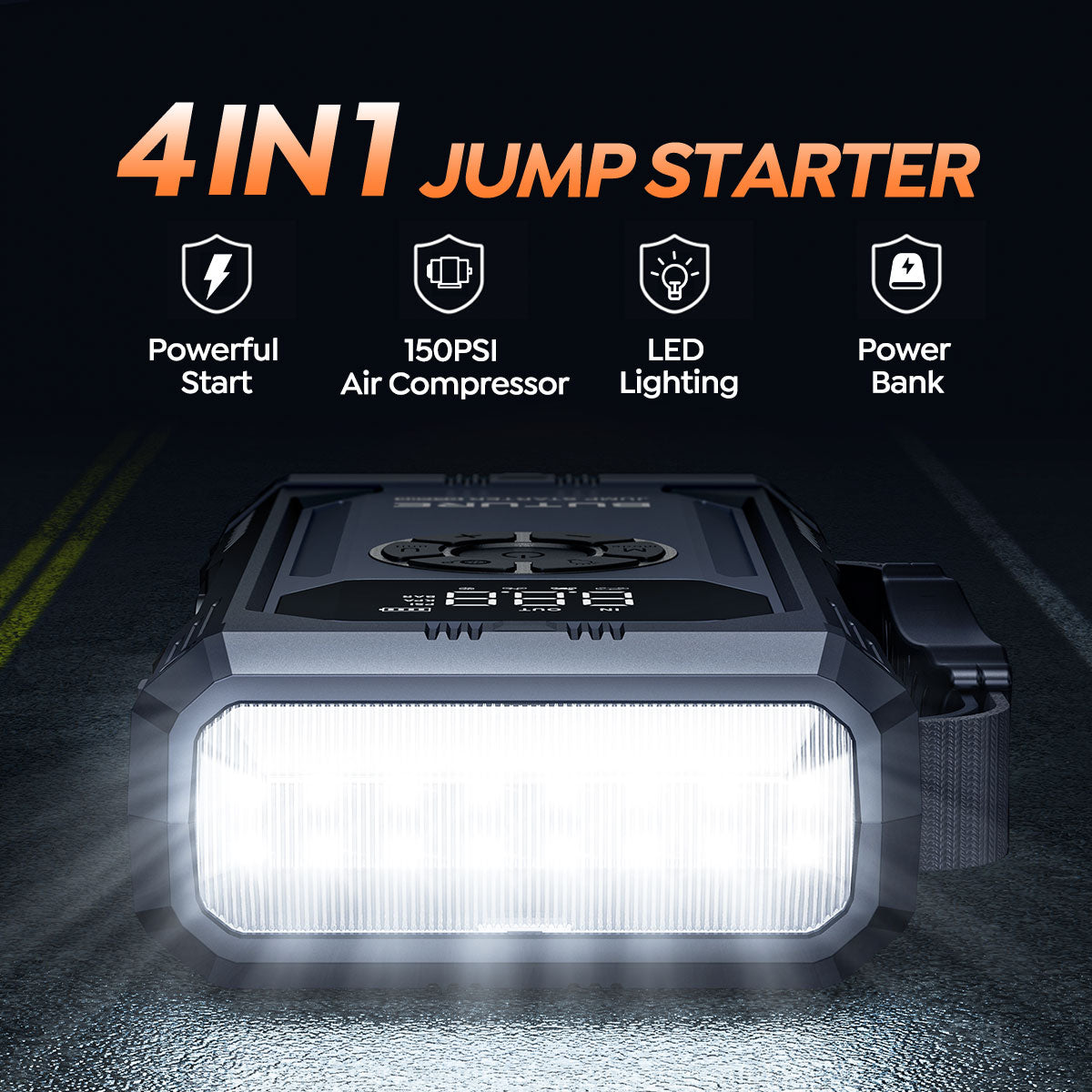 4-in-1 Car Jump Starter, Tire Inflator & Power Bank