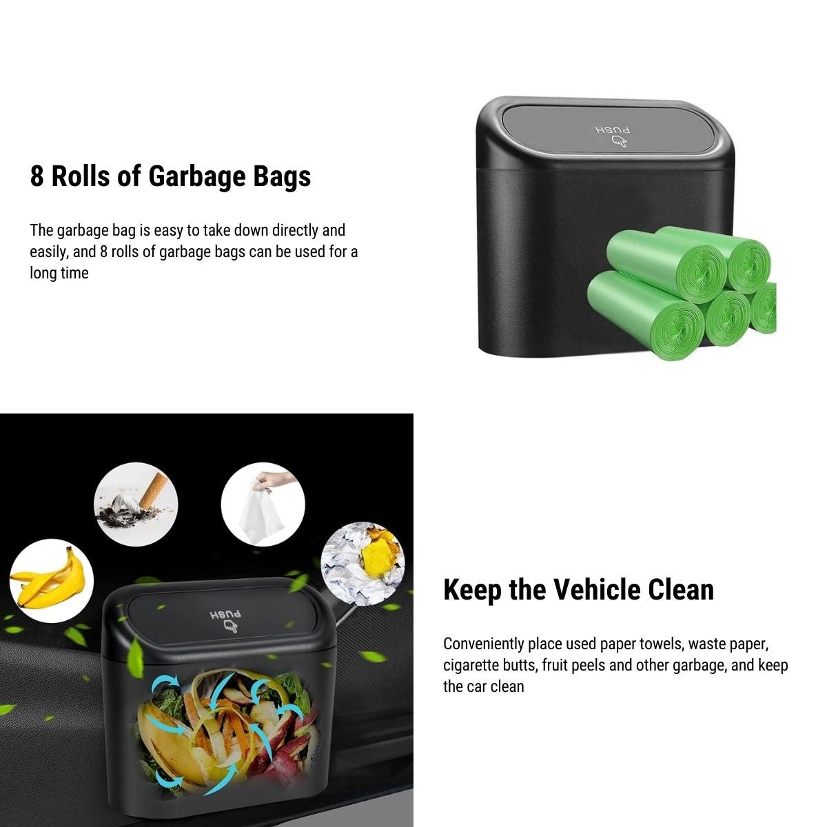 Premium Car Trash Can & Storage Organizer with 8 Refill Bag Rolls